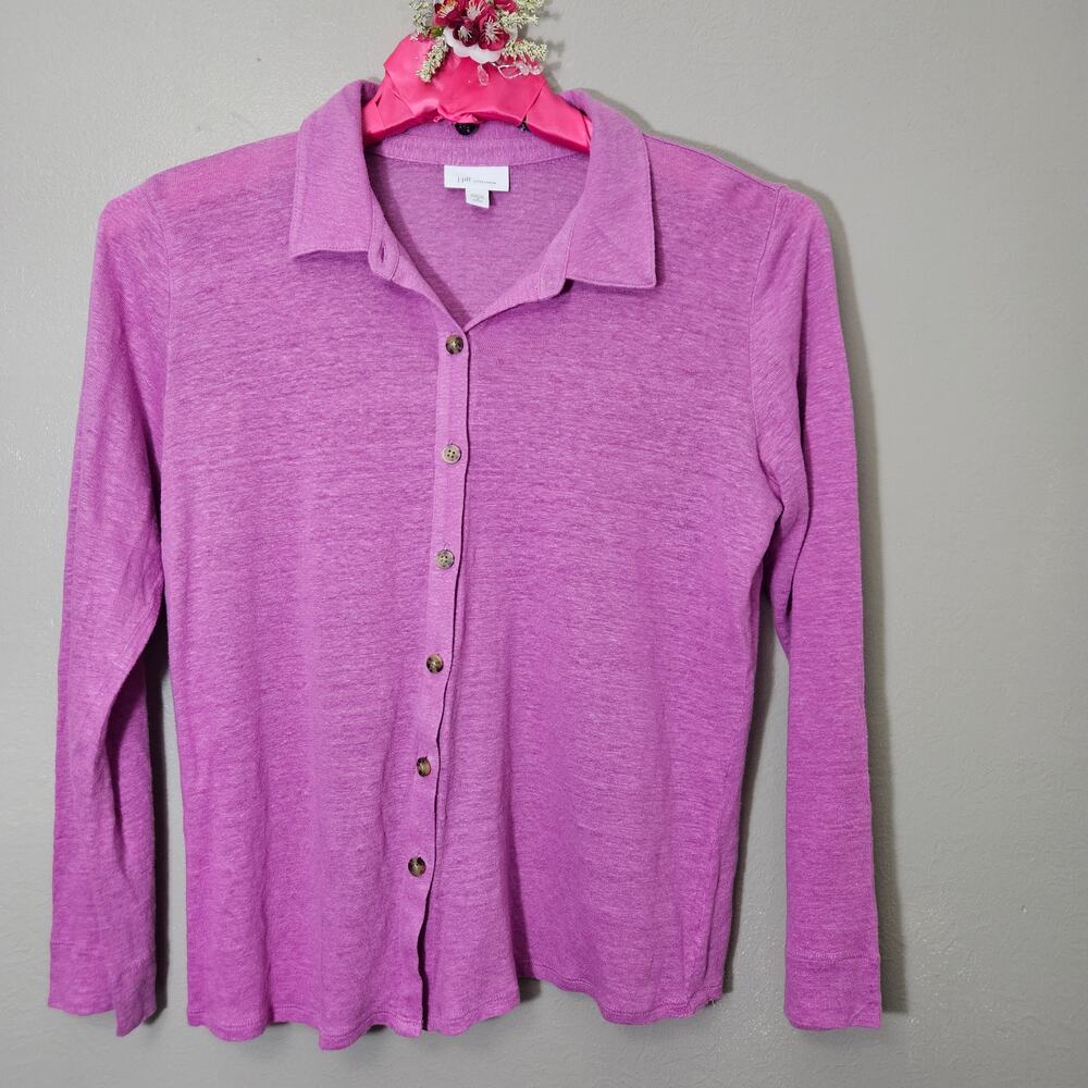J.Jill Love Linen Knit Cardigan Pink Orchid M Petite Lagenlook Normcore Coastal